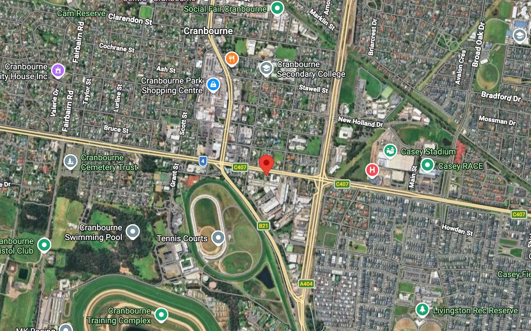 Map showing the Cranbourne clinic at 1/190 Sladen St, Cranbourne VIC 3977.