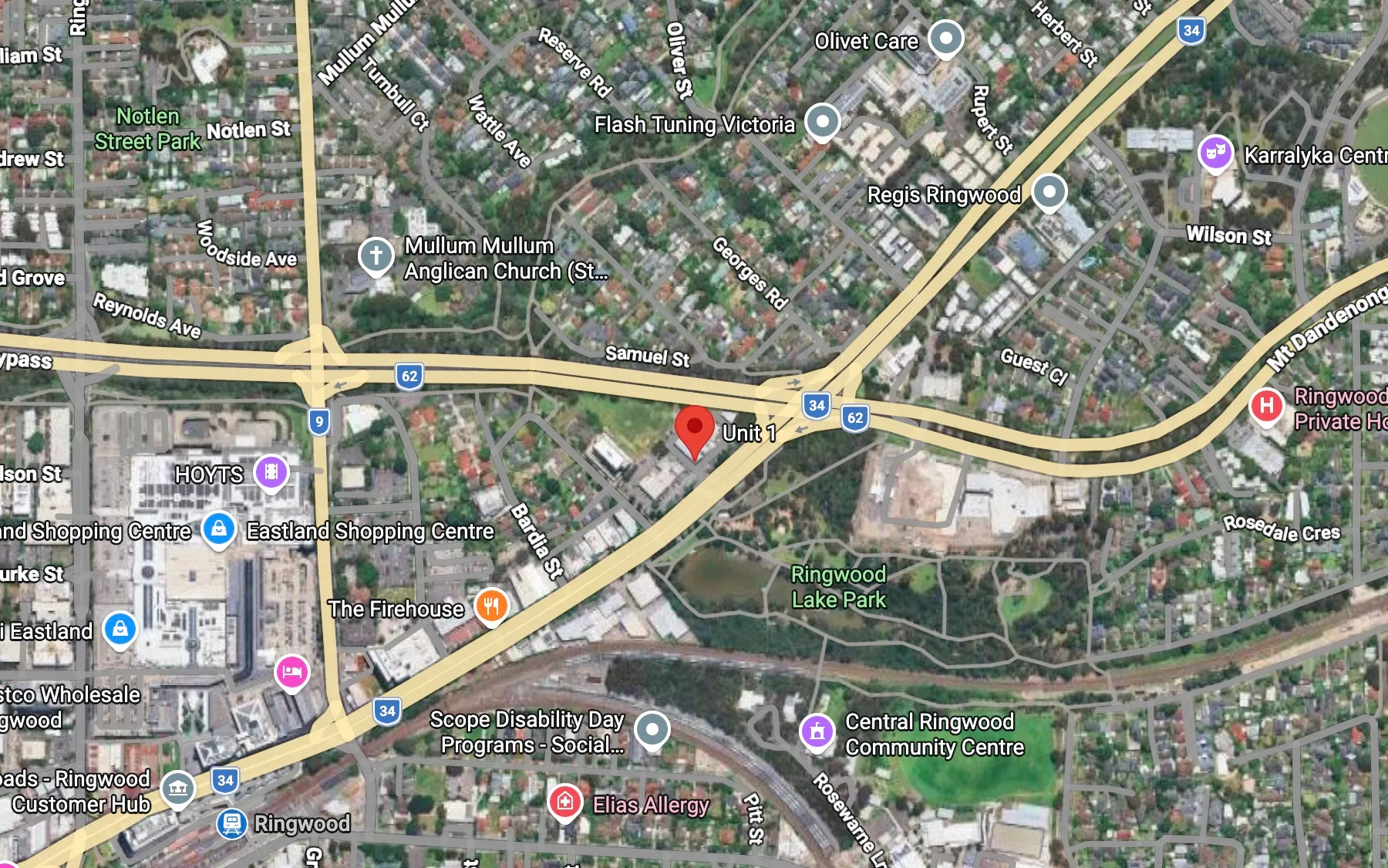 Map showing the Ringwood clinic at Ste 1/303 Maroondah Hwy, Ringwood VIC 3134, opposite Ringwood Lake.